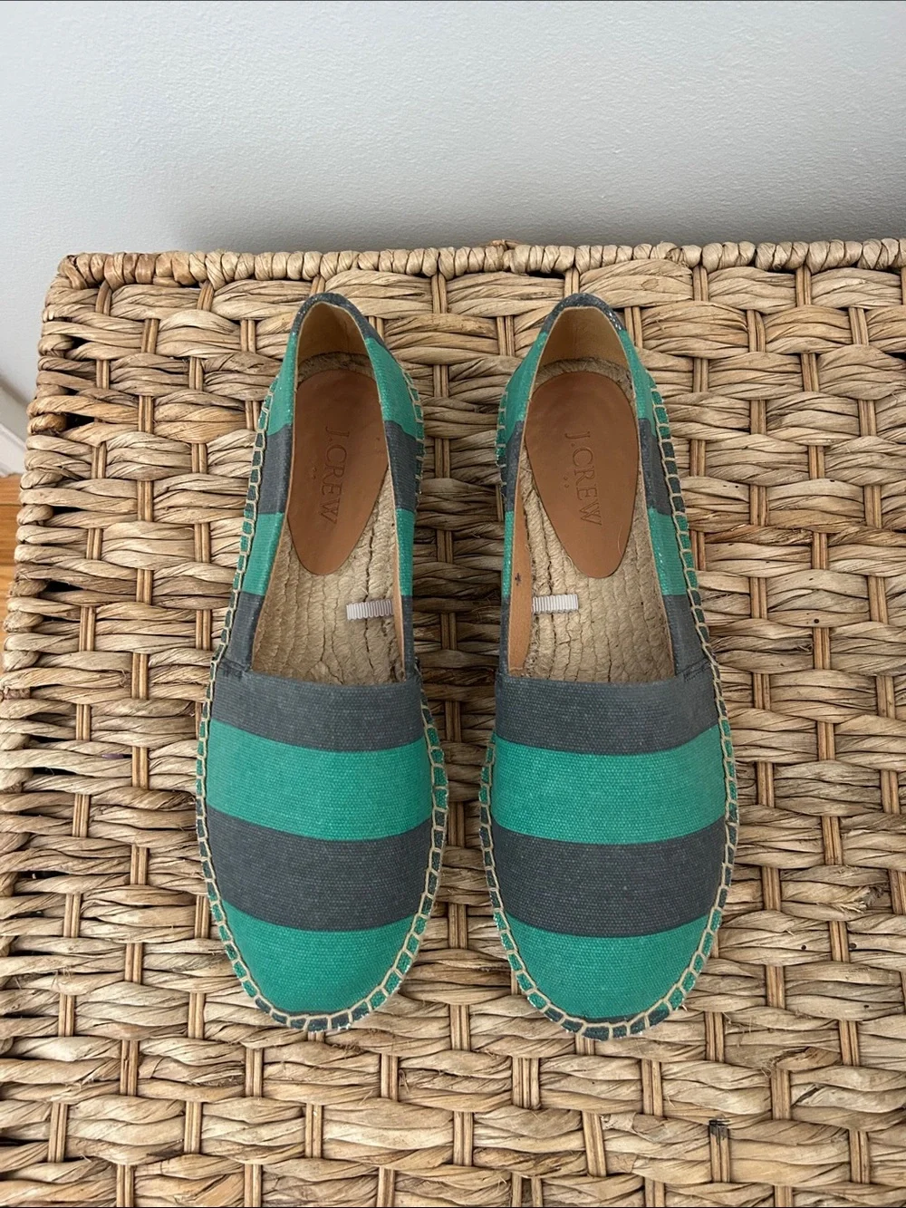 J. Crew Striped Green and Navy Canvas Espadrilles